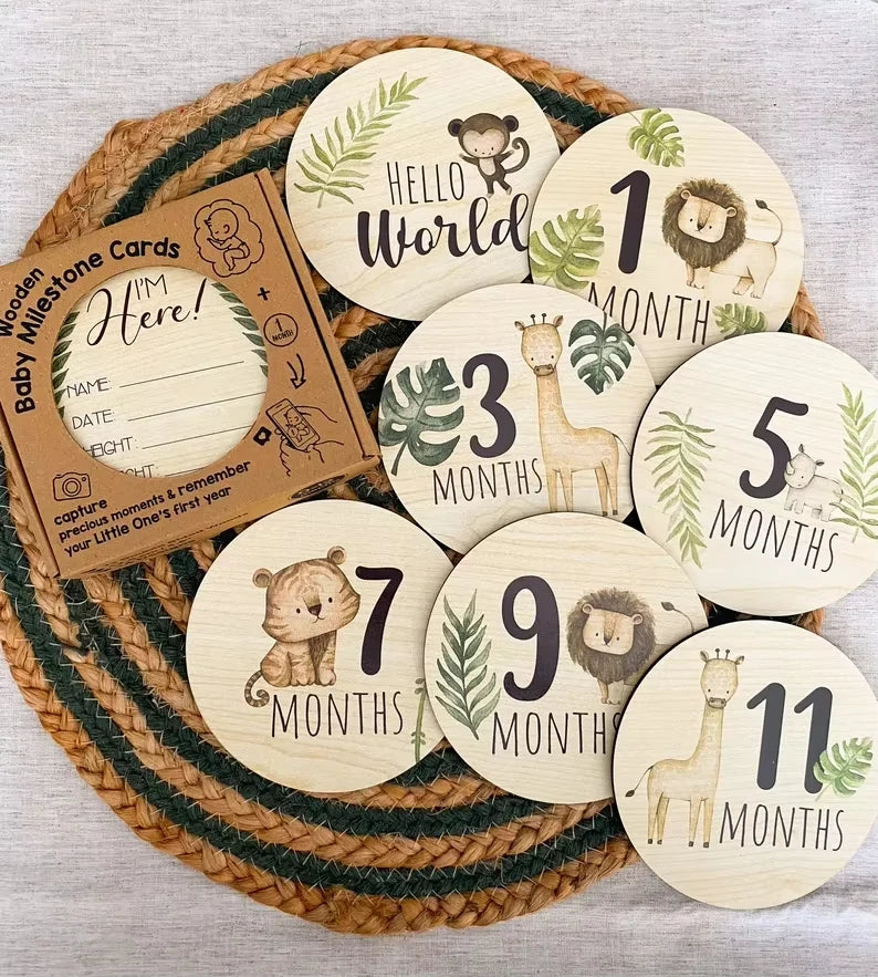 7PCS Newborn Milestone Wooden Cards – Baby Monthly Growth Announcement Props, Baby Shower Gift for Boys & Girls, Pregnancy Photography Accessories for First Year Memories & Photo Sessions