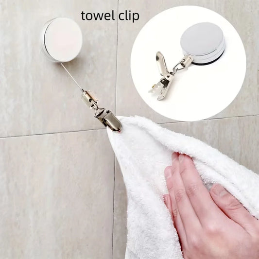 Toallero Automático Retráctil – Soporte de Toalla Adhesivo de Pared sin Perforaciones, Organizador Colgante de Rebote Automático con Clip Fuerte para Almacenamiento en Baño y Cocina