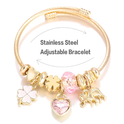 Pulsera con colgante de corazón y cuentas – Pulsera de abalorios de acero inoxidable de 4 colores para mujer | Regalo de joyería de moda dorada de tendencia
