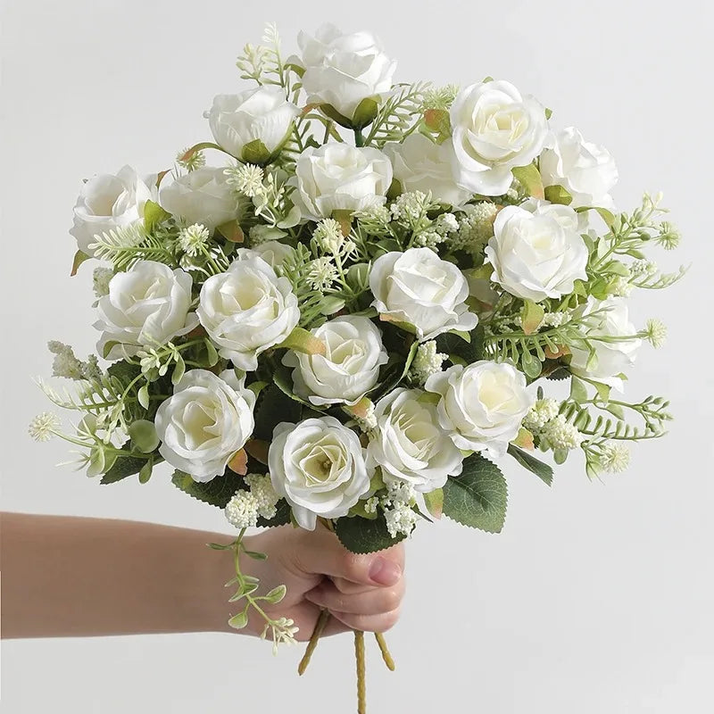 Ramo de Rosas Peonías Blancas Artificiales de 30cm – Flores Falsas de Seda con 5 Flores Grandes y 4 Capullos para Ramos de Novia, Decoración del Hogar y Arreglos Florales
