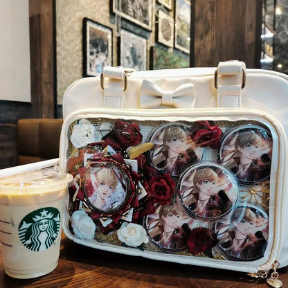 Bolso Y2K lindo con moño Ita – Bolso de hombro transparente para mujer y niña, bolso tote de exhibición de insignias DIY, bolso bandolera de moda Lolita con diseño de moño Kawaii