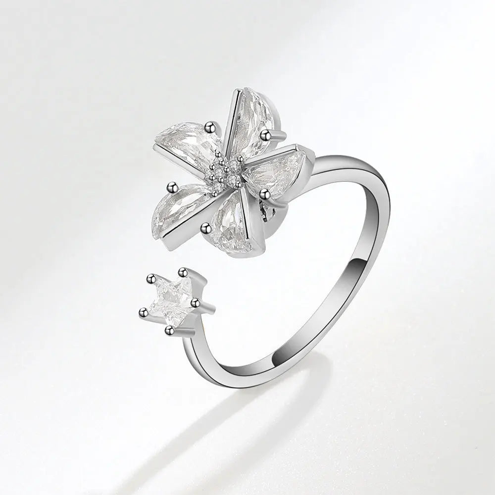 Anillo giratorio antiestrés de mariposa y flor con diamantes de imitación – Anillo giratorio antiansiedad para mujer | Joyería ajustable para aliviar el estrés