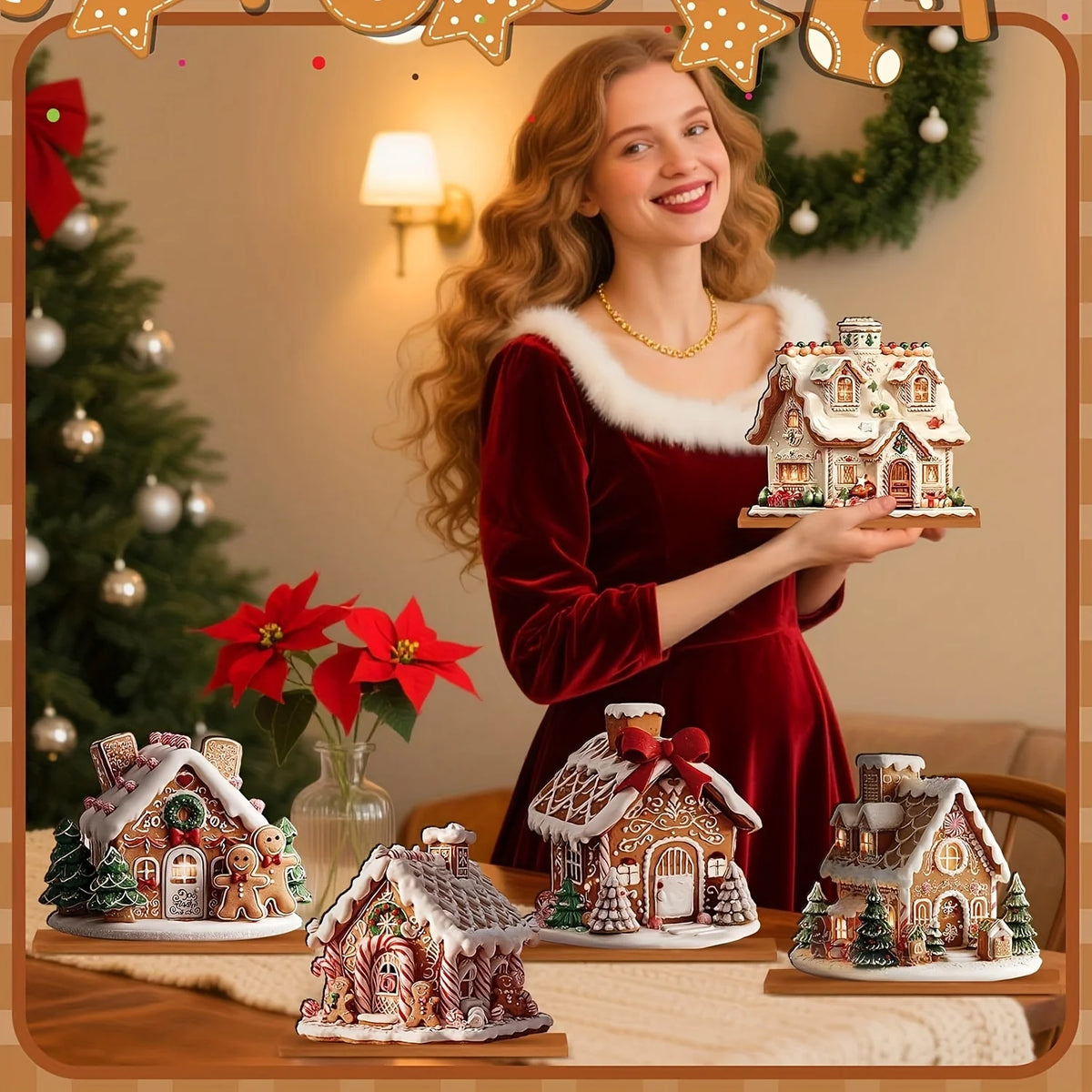 5PCS Wooden Gingerbread Christmas Decorations – Gingerbread House Ornaments & Winter Table Centerpiece Decor for Xmas Home & Parties