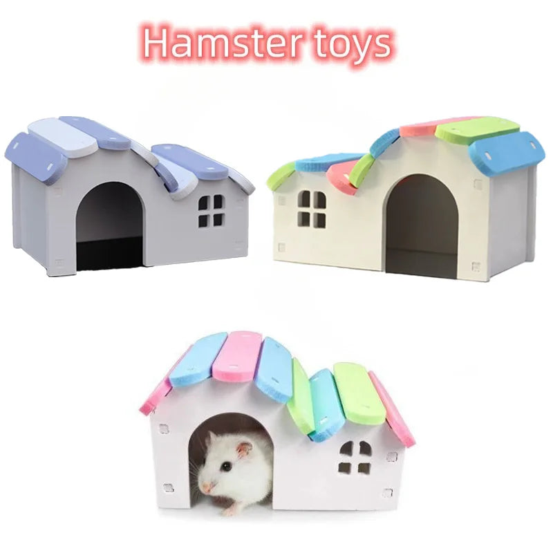 Wooden Hamster Hideout & Rainbow House – Assembled Small Animal Nest with Totoro-Inspired Design, Hamster Villa & Activity Toy