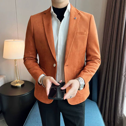 Blazer de terciopelo ajustado para hombre – Chaqueta de traje de lujo de piel de ciervo, abrigo elegante para negocios, casual, bodas, con tallas grandes