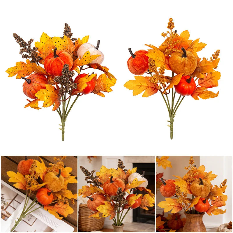 Artificial Fall Maple Leaf Bouquet with Decorative Berries – Low-Maintenance Harvest Festival Flowers for Autumn Home & Table Decor