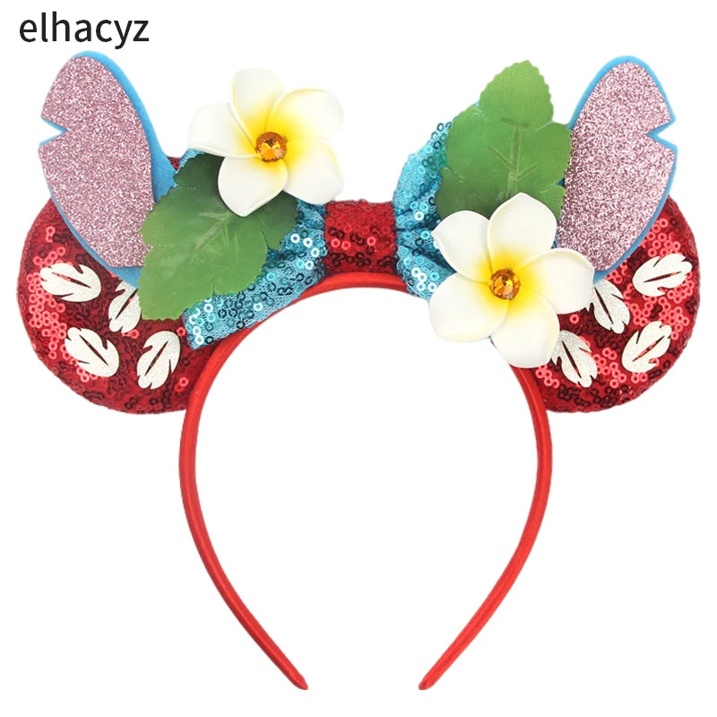 Diadema de orejas de Mickey Mouse de Lilo & Stitch – Lazo de lentejuelas de 5" Accesorio para el cabello de dibujos animados para mujeres y niñas | Diadema para fiestas y festivales