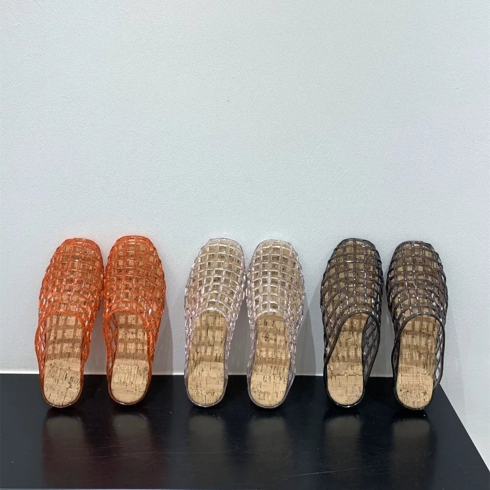 Sandales plates en gelée transparente pour femmes, en PVC cristal, à enfiler avec breloques