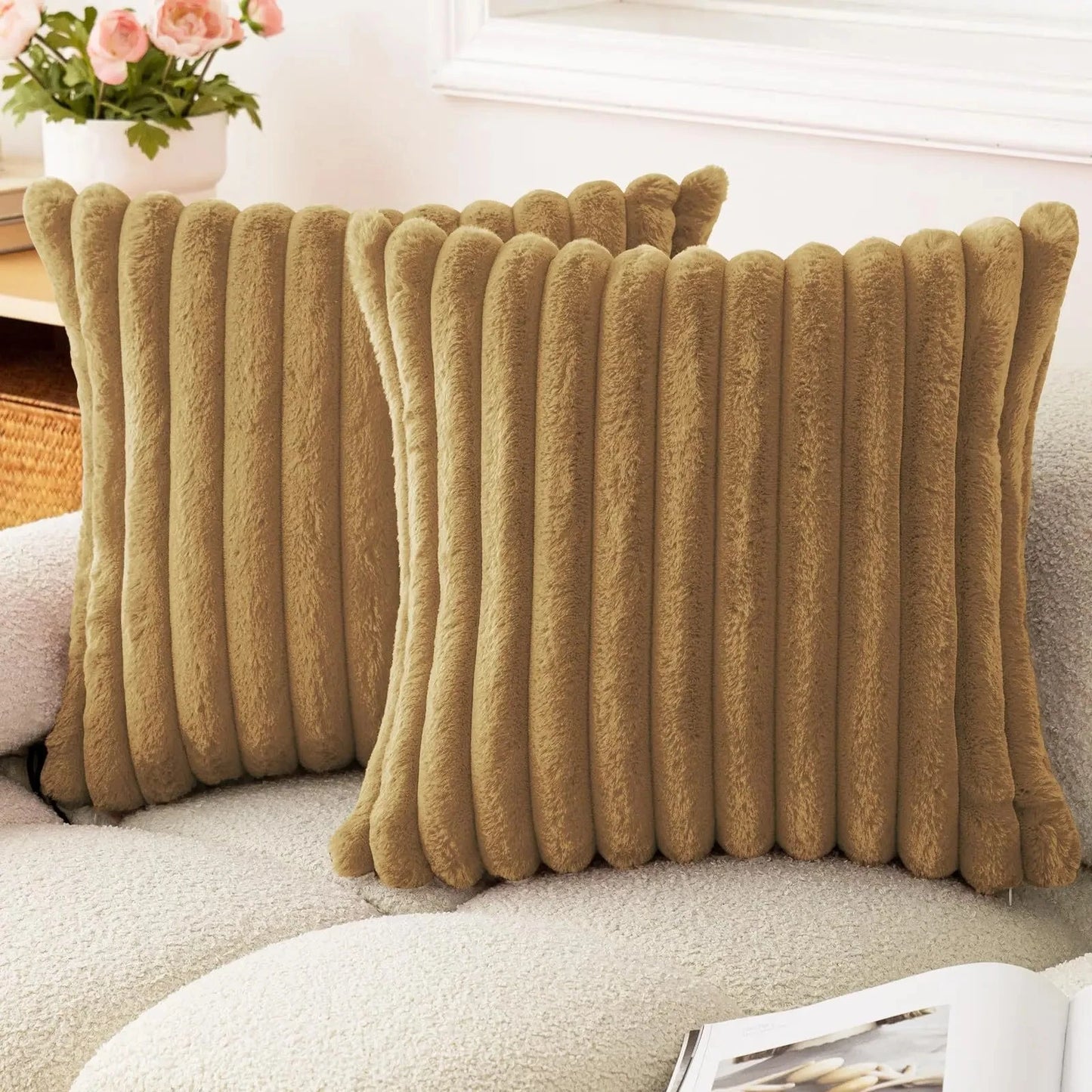 Faux Rabbit Fur Throw Pillow Cover - Ultra Soft Striped Decorative Cushion Cover for Sofa, Bed & Living Room (40x40 & 45x45 cm)