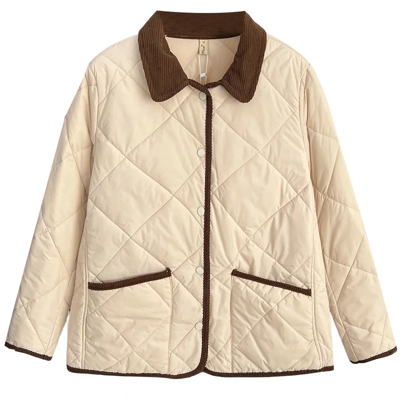 Women’s Cotton-Padded Winter Coat – Casual Warm Parka with Contrast Colors & Lapel Collar, Plus-Size Autumn/Winter Outerwear