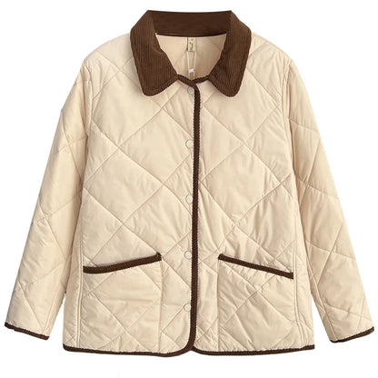 Women’s Cotton-Padded Winter Coat – Casual Warm Parka with Contrast Colors & Lapel Collar, Plus-Size Autumn/Winter Outerwear