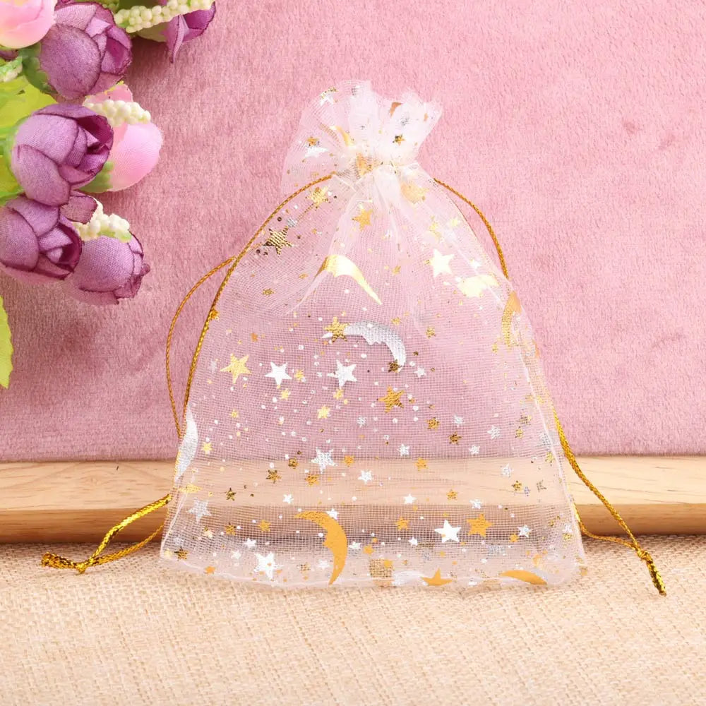 Bolsas de regalo de organza con estrellas y lunas de 25/50 piezas – Bolsitas de joyería con cordón dorado para recuerdos de boda, regalos de fiesta, empaques de dulces y almacenamiento de accesorios pequeños