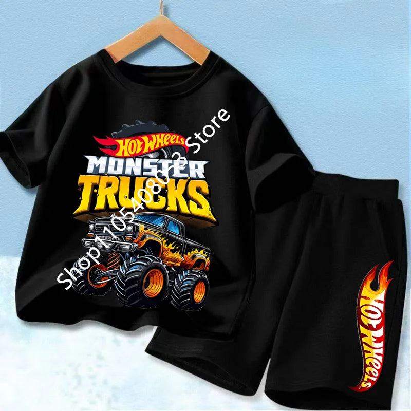 Conjunto de camiseta y pantalón corto de coche de carreras para niños, mezcla de algodón, atuendo de verano para niños y niñas