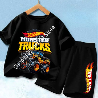 Conjunto de camiseta y pantalón corto de coche de carreras para niños, mezcla de algodón, atuendo de verano para niños y niñas