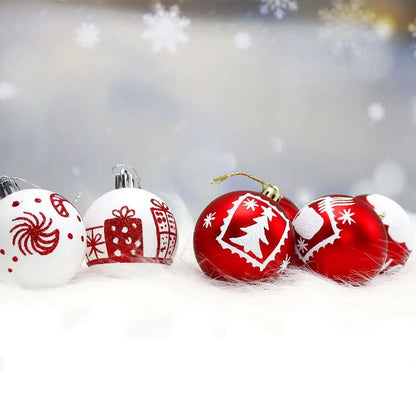16PCS 6CM Christmas Tree Balls – Red & White Painted Plastic Hanging Ornaments with Electroplated Finish, Reusable Xmas Tree Decorations