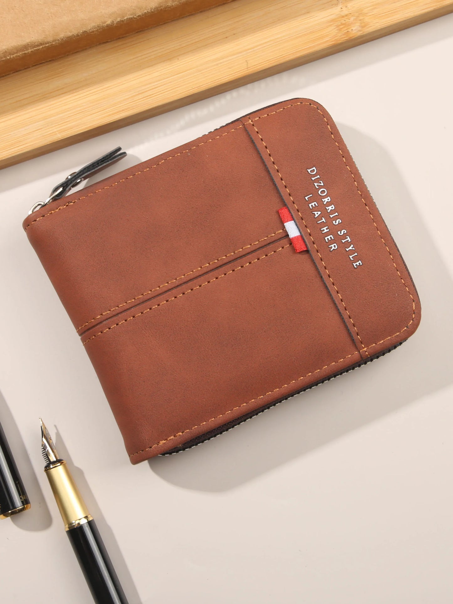 Cartera Trifold Retro de Cuero PU para Hombre con Monedero de Cremallera y Cierre de Hebilla