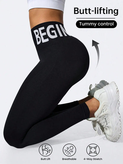 Seamless Yoga Leggings – High-Waist Butt-Lifting Quick-Dry Breathable Workout Tights with Lettering Print for Women