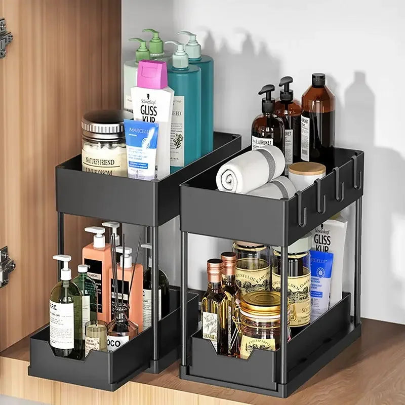 2-Tier Kitchen Sink Organizer – Sliding Cabinet Basket with Hooks & Cups for Space-Saving Storage