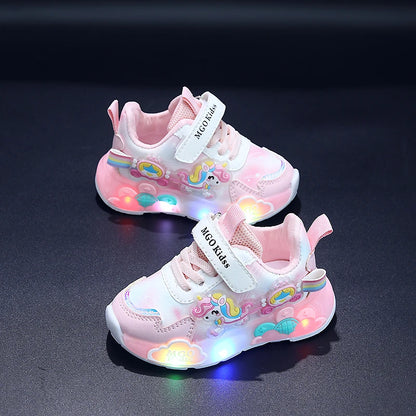 Girls' Light-Up Rainbow Pony Shoes – Soft-Sole Sports Sneakers with Flashing LED Lights for Spring & Autumn, Running & Casual Wear, Ages 1-6