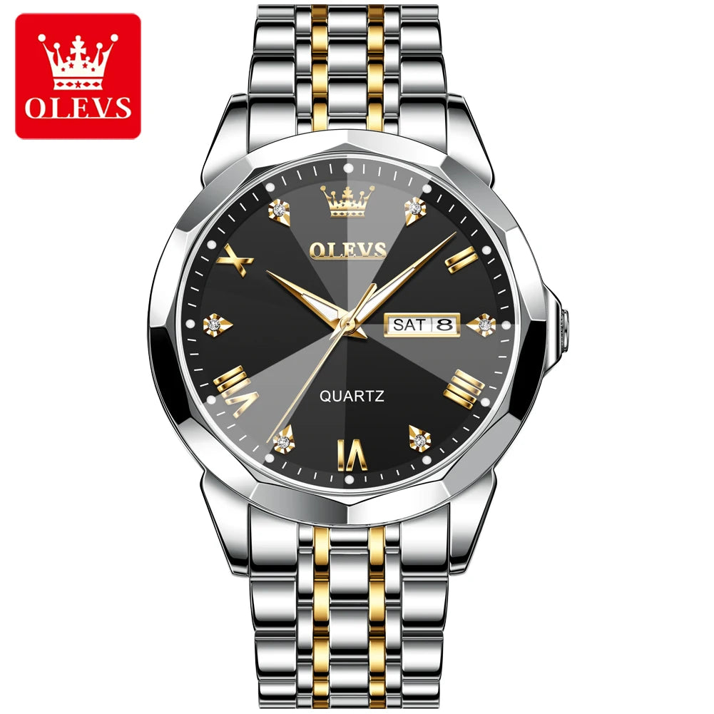 OLEVS 9931 Men’s Quartz Wristwatch – Luxury Diamond-Style Dial, Dual Calendar, Waterproof Design & Stainless Steel Strap