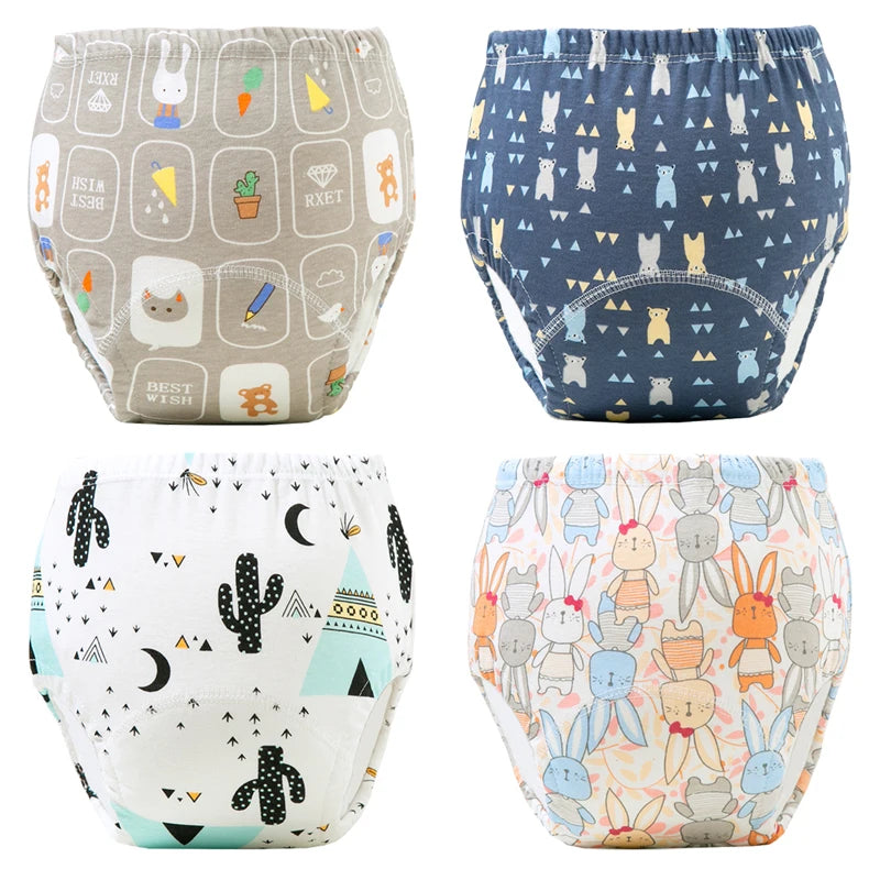 Culottes d'apprentissage de la propreté imperméables réutilisables (lot de 4) – Sous-vêtements d'entraînement en coton doux pour bébés garçons et filles avec protection anti-fuites