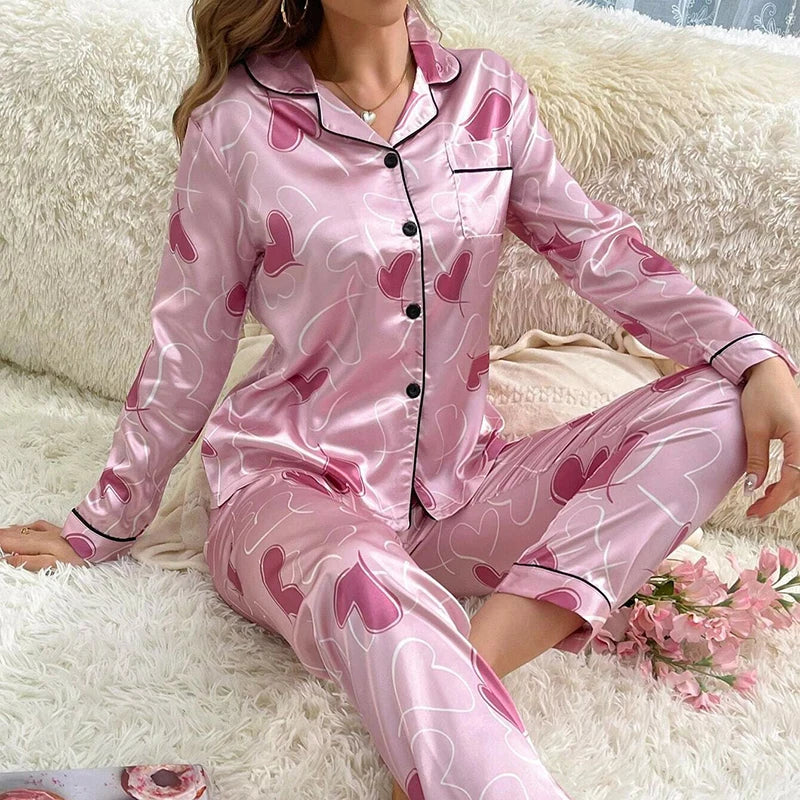 Women's Satin Pajama Set – 2-Piece Long Sleeve Button-Up Top & Pants, Soft Autumn Sleepwear & Loungewear