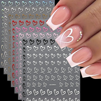 8-Sheet 3D Heart Nail Stickers – Cute Pink Black White Gold Self-Adhesive Nail Art Decals (8×10cm)