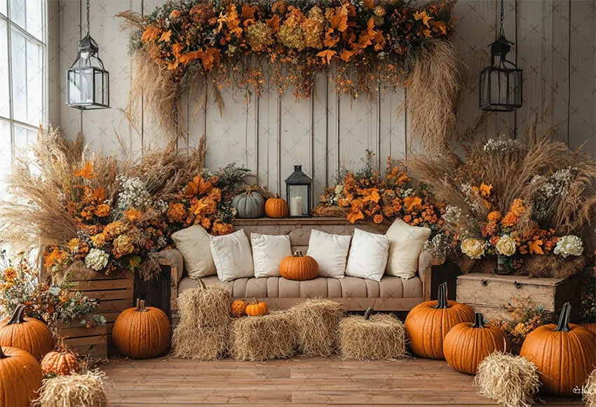 Mehofond Fall Autumn Harvest Photography Backdrop – Rustic Barn Hay & Pumpkin Background for Kids’ Birthday, Portrait, Photo Studio & Party Decor
