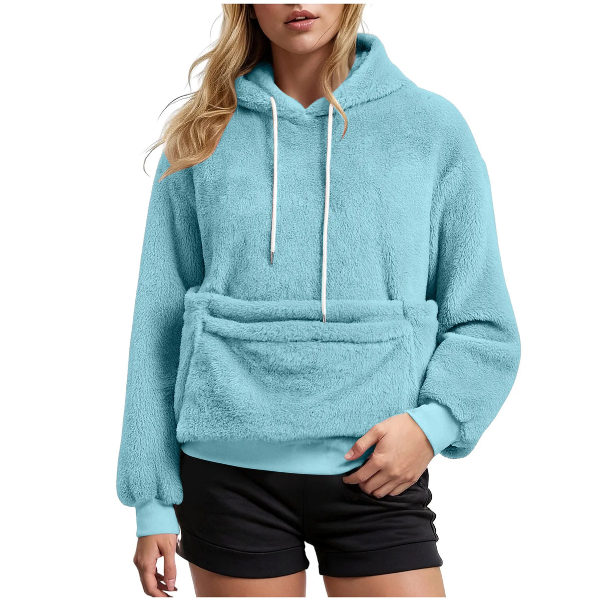 Women's Fall & Winter Fleece Hoodie – Casual Solid-Color Pullover Sweatshirt with Pet Pocket, Drawstring Hood & Cozy Loose Fit
