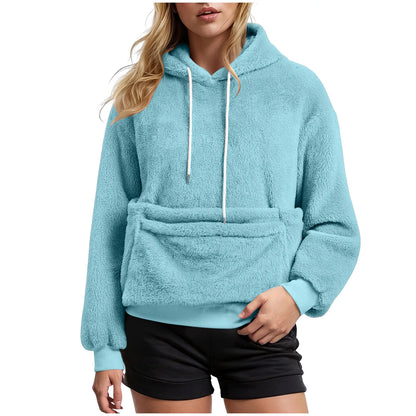 Women's Fall & Winter Fleece Hoodie – Casual Solid-Color Pullover Sweatshirt with Pet Pocket, Drawstring Hood & Cozy Loose Fit