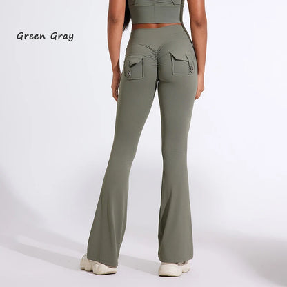 DIAS FIT JOY Pantalon de yoga évasé taille haute pour femme – Legging patte d'éléphant push-up avec poches, pantalon d'entraînement à séchage rapide pour la course, la gym, le fitness et l'exercice