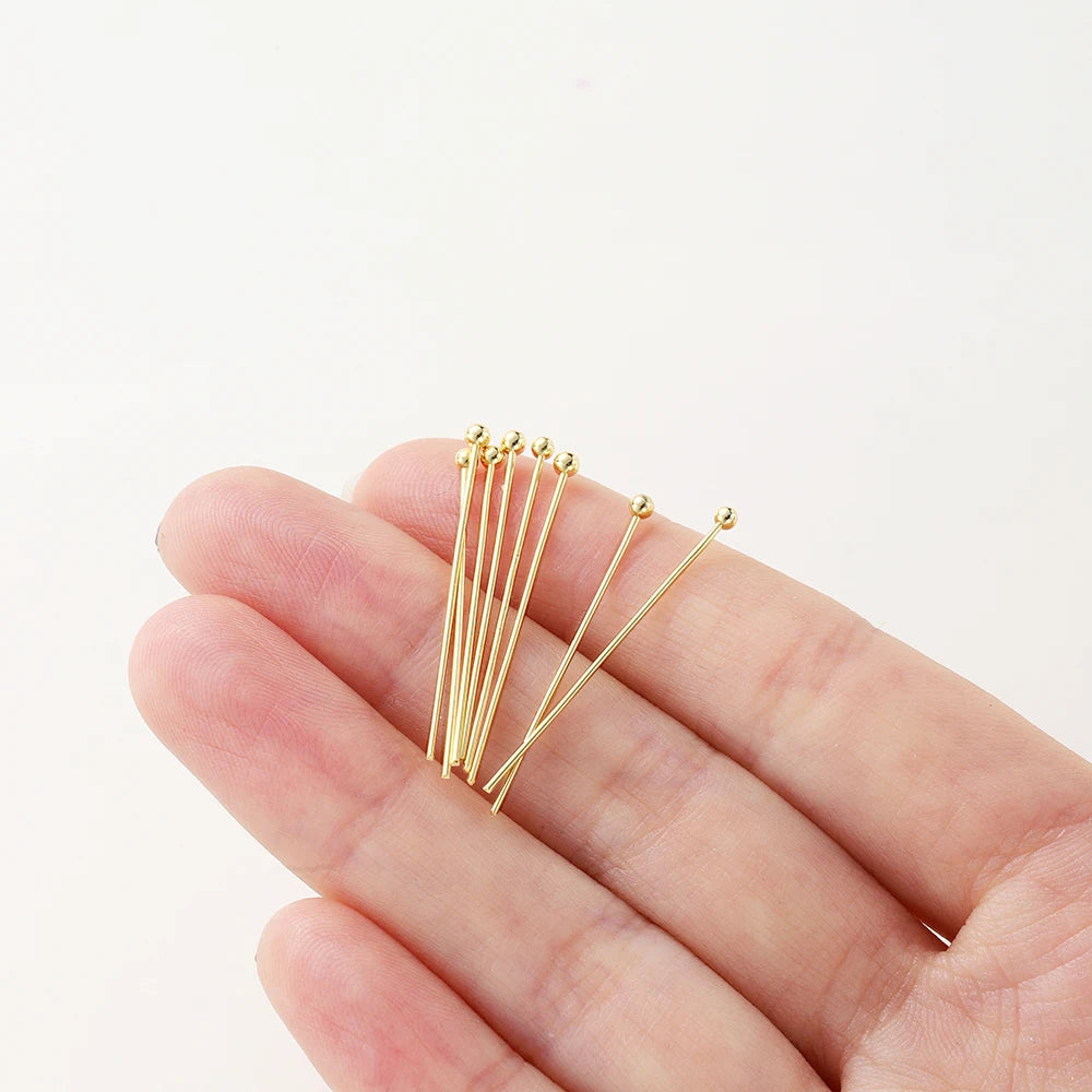 100-Piece 14K & 18K Gold Plated Brass Head Pins Set (16–50mm) – Ball, Flat & Eye Pins for DIY Jewelry Making & Crafts