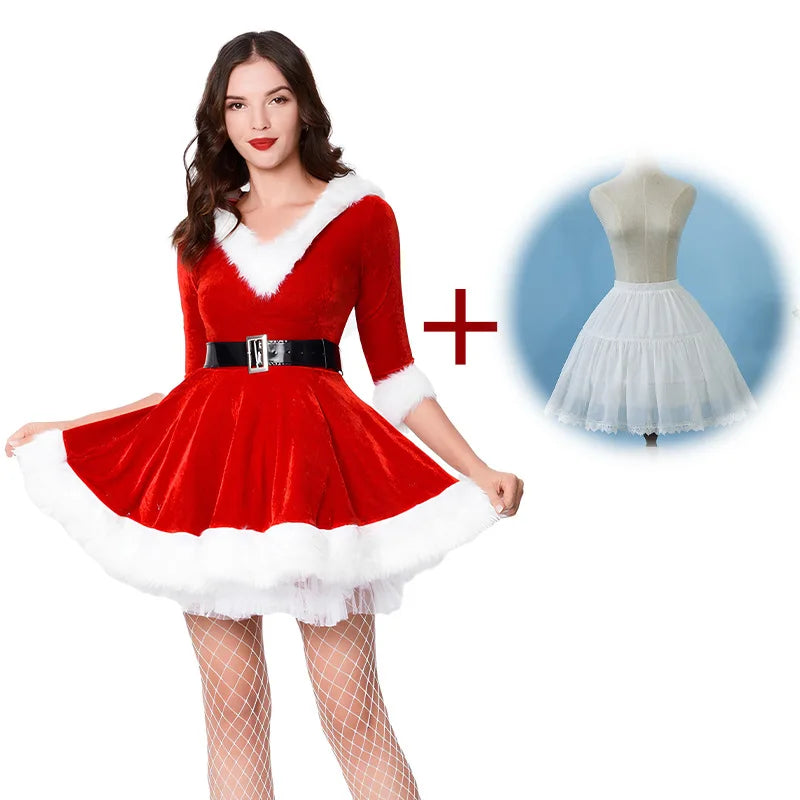 Women's Santa Claus Christmas Costume Dress with Half Sleeves and Waist Belt, Solid Color Xmas Cosplay Outfit, Ladies Holiday Fancy Dress for Christmas Parties, Festive Events and Role-Playing Celebrations