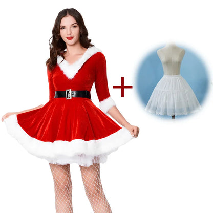 Women's Santa Claus Christmas Costume Dress with Half Sleeves and Waist Belt, Solid Color Xmas Cosplay Outfit, Ladies Holiday Fancy Dress for Christmas Parties, Festive Events and Role-Playing Celebrations