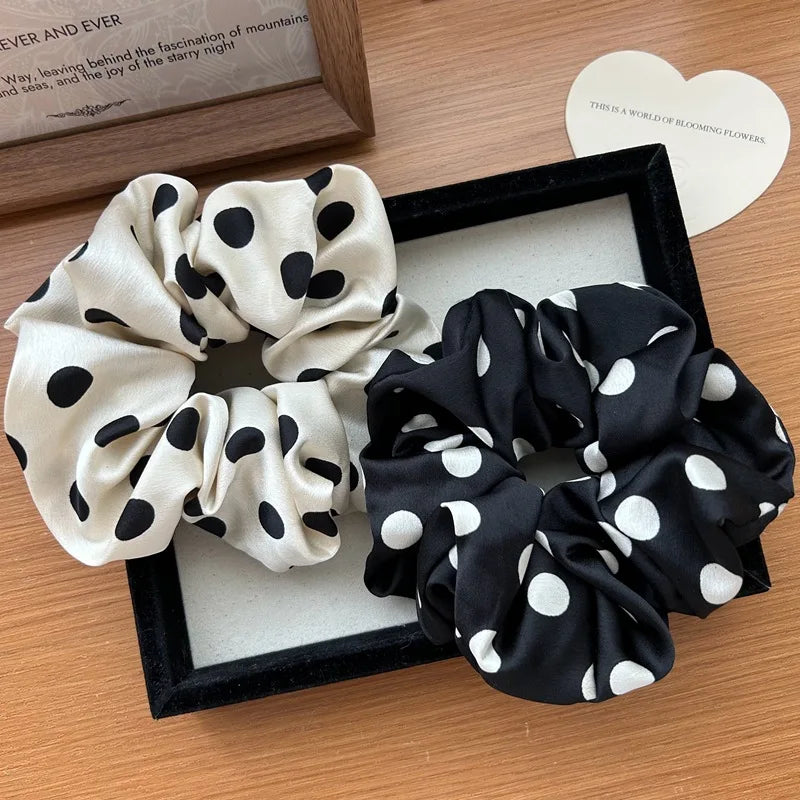 Korean Dot Satin Scrunchies – White & Black Silk Elastic Hair Ties for Women & Girls | Fashion Ponytail Hair Accessories