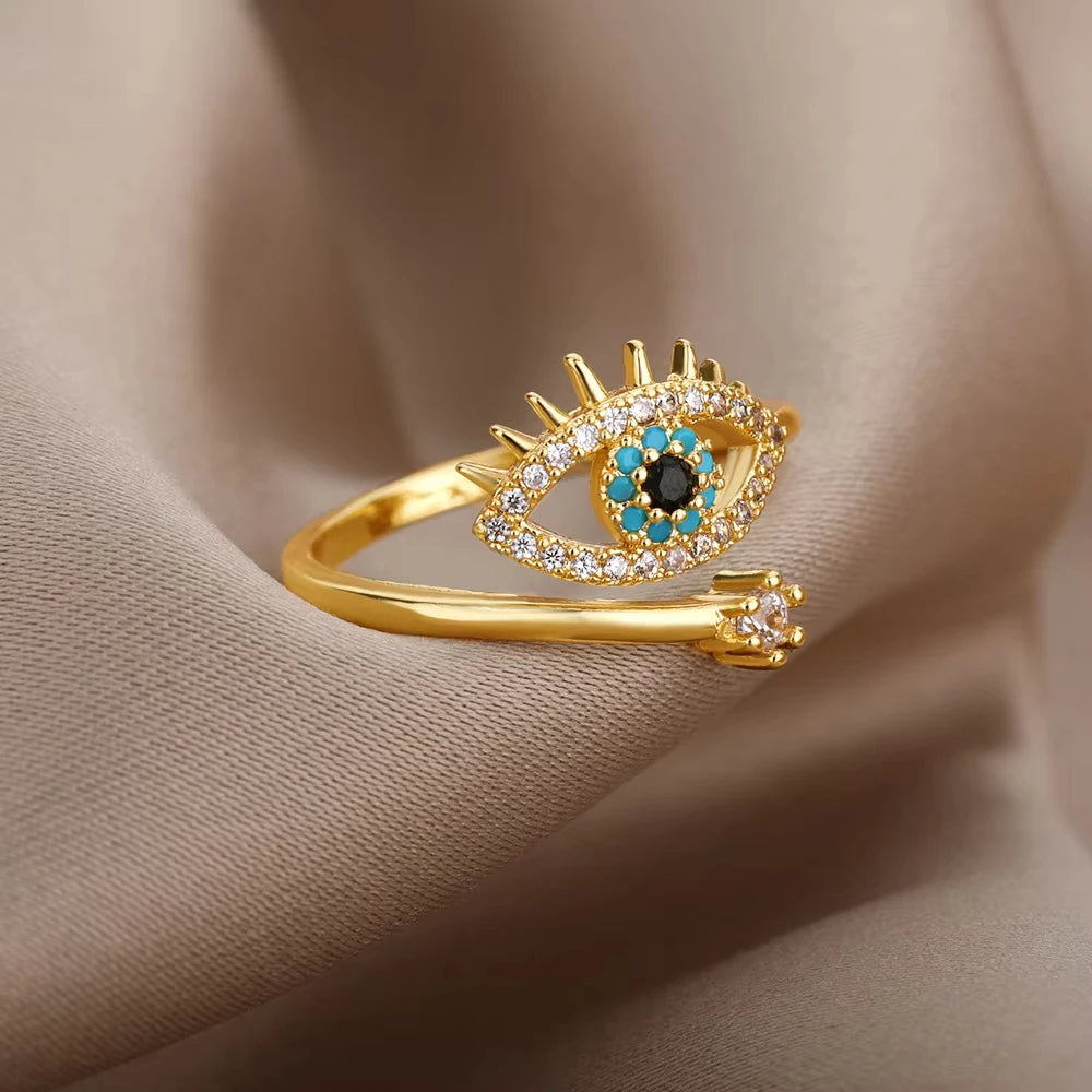 Anillo de circonita de acero inoxidable ajustable con diseño de ojo turco – Anillo de boda geométrico de color dorado para mujer | Regalo de joyería de lujo de moda