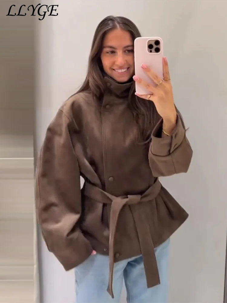 Women’s Vintage Suede Short Coat – Elegant Lace-Up Belted Jacket with Stand Collar, Single-Breasted Closure & Long Sleeves