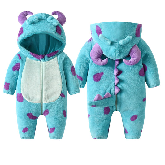 Buzo de nieve con capucha de forro polar para bebé - Mono de invierno con diseño de animales de dibujos animados y capucha con cuernos para recién nacidos (niños y niñas)
