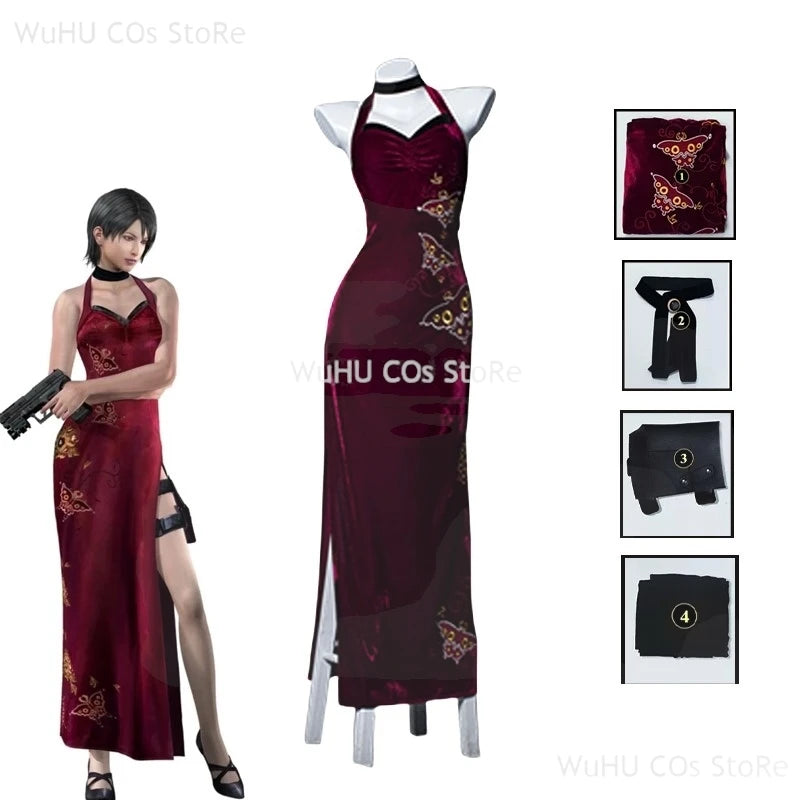 Resident Evil 4 Ada Wong Cosplay Costume | Red Cheongsam Embroidery Dress with Wig | Halloween Carnival & Anime Roleplay Suit for Women