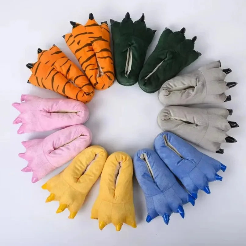 Women’s Plush Animal Slippers – Thick Fluffy Non-Slip Indoor House Shoes with Dinosaur, Cow, Cat Paw & Claw Designs