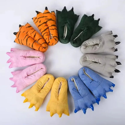 Women’s Plush Animal Slippers – Thick Fluffy Non-Slip Indoor House Shoes with Dinosaur, Cow, Cat Paw & Claw Designs