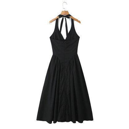 YENKYE Women’s Sexy Backless Green Halter Midi Dress Elegant Low Waist A-Line Cotton Summer Evening Party Robe