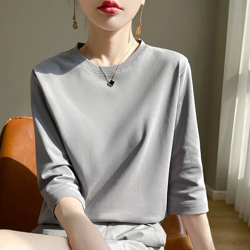 Camiseta de algodón mercerizado para mujer, manga corta, cuello redondo, top básico suave de verano