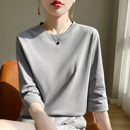 Camiseta de algodón mercerizado para mujer, manga corta, cuello redondo, top básico suave de verano