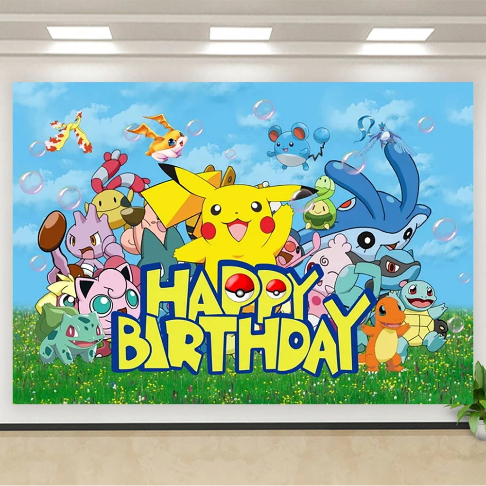 Pokémon Birthday Backdrop – Pikachu Party Photography Background Banner for Kids Birthday, Photo Studio Wall & Party Decoration