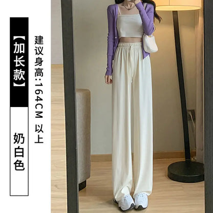 Plus Size Women's Ice Silk Wide-Leg Pants – High-Waist Lightweight Casual Trousers for Summer Sports & Everyday Wear