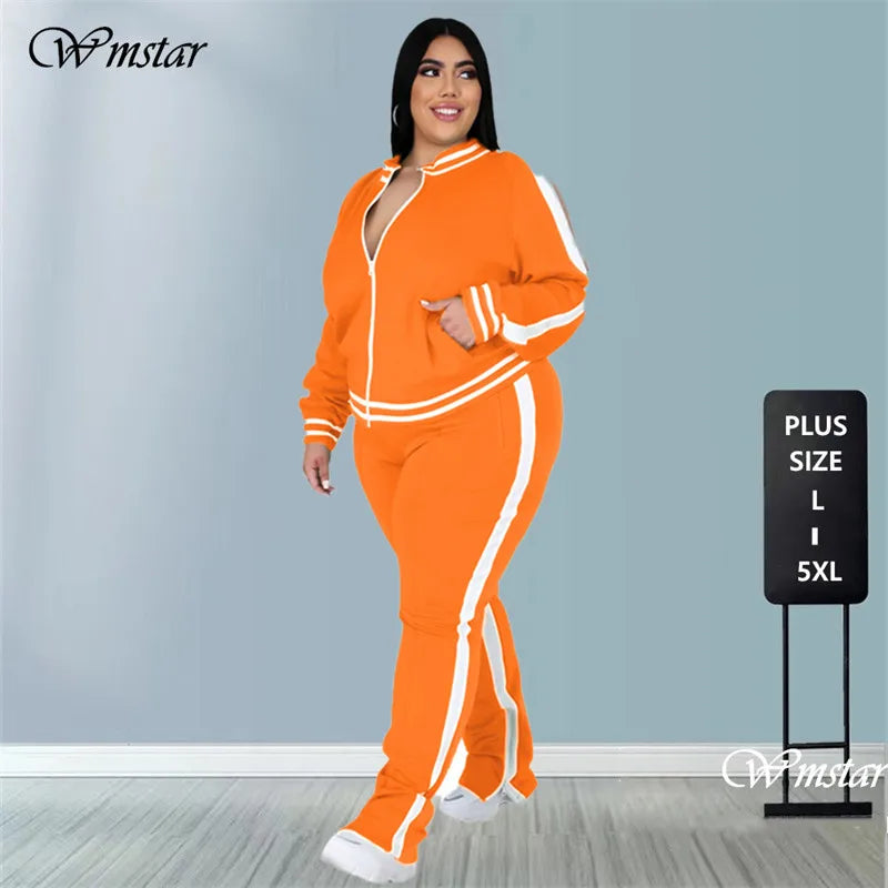 Plus Size L-5XL Women's 2-Piece Sweatsuit Set – Zip-Up Striped Top & Slit Jogger Sweatpants, Casual Matching Outfit for Everyday Wear