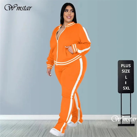 Plus Size L-5XL Women's 2-Piece Sweatsuit Set – Zip-Up Striped Top & Slit Jogger Sweatpants, Casual Matching Outfit for Everyday Wear