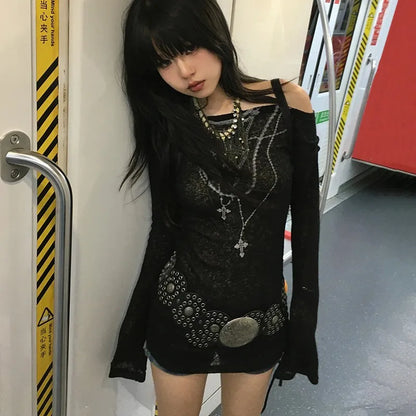 Karrram Japanese Y2K Knitted Top Grunge Tattoo Print Long Sleeve Ribbed Vintage Harajuku 2000s Gothic T-Shirt
