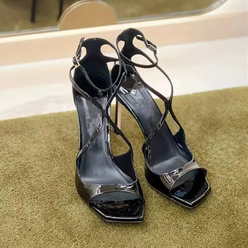 Sandalias de gladiador de charol para mujer – Zapatos de tacón alto de aguja con puntera abierta y correa al tobillo, sexys, para fiesta de verano